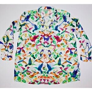 John Mark Colorful Hummingbirds Button Down Top Roll Tab Sleeves Women Size L